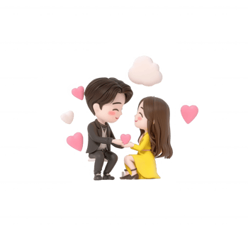 A cute couple in a cartoon style sharing a romantic moment, surrounded by hearts. Perfect for expressing love and affection in illustrations or celebrations. png