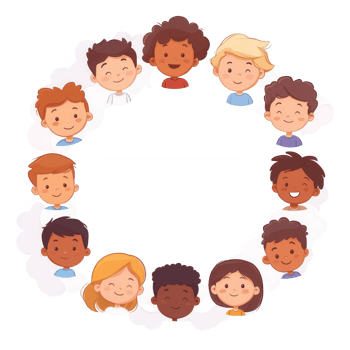 A diverse group of cartoon faces arranged in a circular pattern, showcasing various hairstyles and expressions, representing friendship and community. png