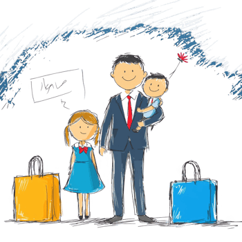 A doodle illustration of a happy family with a father holding a child and a daughter by his side, surrounded by colorful suitcases, conveying a sense of travel and adventure. png