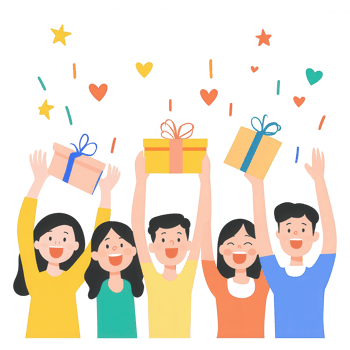 A group of cheerful friends celebrating with colorful gifts and confetti. Their joyful expressions convey happiness and friendship in a festive atmosphere. png