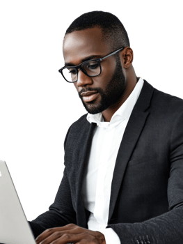 Focused Black Businessman in Glasses Working on Laptop with a White Shirt and a Dark Suit against Transparent Background png