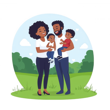 A happy family of four posing outdoors, smiling together in a lush green park, showcasing love and connection among parents and children. png