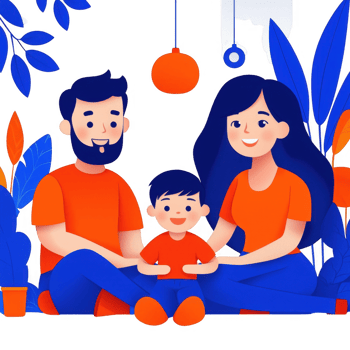 A happy family of three sits together in a colorful and vibrant setting. The parents and child are smiling, surrounded by lush plants, creating a warm and inviting atmosphere. png