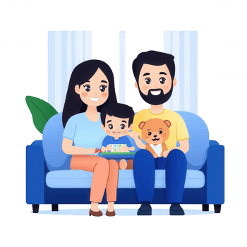 A happy family of three, including a young boy and their pet dog, sitting together on a couch png