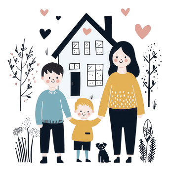 A happy family portrait featuring two adults and one child holding hands in front of a cozy house, surrounded by trees and hearts, showcasing love and togetherness. png