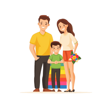 A happy family standing together, featuring a father, mother, and child. The child holds a bouquet of colorful flowers, while the parents wear casual clothes and smile. png