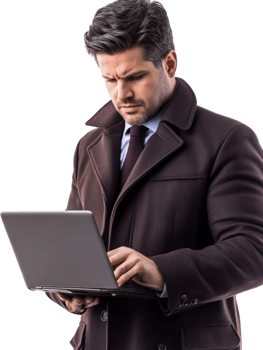 Focused Man In A Dark Brown Coat Works On Laptop Against A Transparent Background png