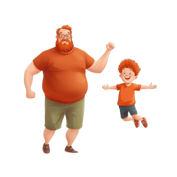 A joyful adult and child wearing matching orange shirts, displaying excitement and happiness in a playful moment. Ideal for family-themed content. png