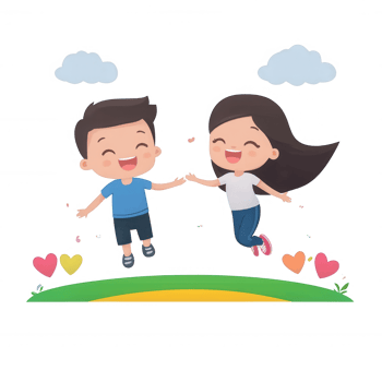 A joyful cartoon representation of two children holding hands and jumping in a vibrant landscape. They express happiness with smiling faces amidst colorful hearts and clouds. png