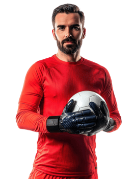 Focused Male Goalkeeper in Red Uniform Holding Soccer Ball Isolated with Transparent Background png