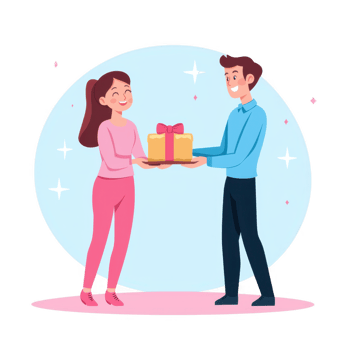 A joyful couple exchanging a gift, showcasing happiness and connection. The woman smiles as the man presents a beautifully wrapped present, creating a heartwarming moment. png