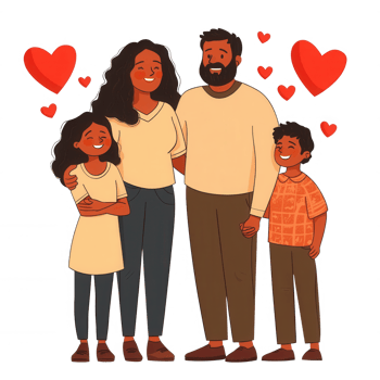 A joyful family of four, standing together and smiling. They exude love and happiness, surrounded by floating heart shapes, representing warmth and togetherness. png