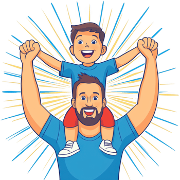 A joyful father carrying his happy son on his shoulders, showcasing a moment of playful bonding against a vibrant, colorful background. png
