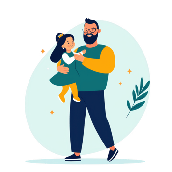 A joyful father holding his daughter, showcasing a loving bond. Illustrative art with soft colors and playful elements, perfect for family themes and relationship depictions. png