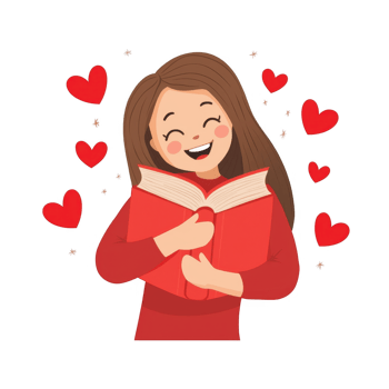 A joyful girl holding a red book with a big smile, surrounded by hearts, depicting love for reading and passion for literature png