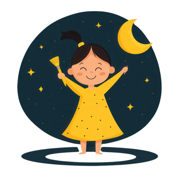 A joyful girl in a yellow dress holding a wand, surrounded by stars and a crescent moon, creating a magical nighttime atmosphere. png