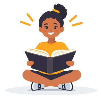 A joyful girl reading a book while sitting cross-legged. She shows excitement and engagement, surrounded by radiant lines symbolizing inspiration and imagination. png