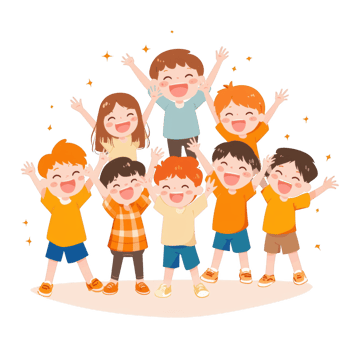 A joyful group of children celebrating together with raised hands and bright smiles, showcasing unity and happiness in a fun environment. png