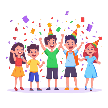 A joyful group of children celebrating together with colorful confetti and party hats, filled with happiness and excitement. png