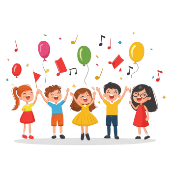 A joyful group of children celebrating with colorful balloons and music notes, expressing happiness and carefree spirit. png