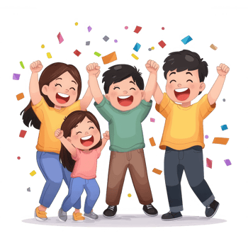 A joyful group of four friends celebrating together with hands raised in excitement, surrounded by colorful confetti, depicting happiness and togetherness. png