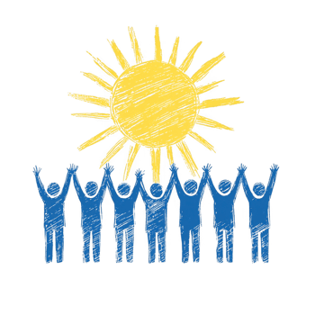 A joyful group of people celebrating under a bright sun, symbolizing unity and hope. The illustration captures a sense of togetherness and positivity in a vibrant atmosphere. png