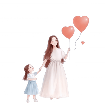 A joyful illustration of a mother and daughter holding heart-shaped balloons together, celebrating love and togetherness in a whimsical, colorful style. png