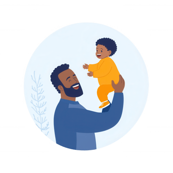 A joyful moment between a father and his young child, showcasing happiness and love. The father lifts his son in the air, both sharing smiles in a warm, cheerful atmosphere. png