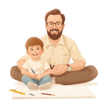 A joyful moment of a father and his son sitting on the floor, surrounded by colorful art supplies, creating drawings together in a warm and loving environment. png