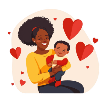 A joyful mother holding her smiling baby, surrounded by hearts, embodying love and warmth in a playful setting. png