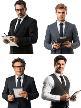 Four Business Professionals in Suits Holding Clipboards on a Transparent Background Showing Corporate Attire png