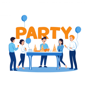 A lively party scene featuring guests enjoying snacks and drinks while celebrating with balloons and decorations, showcasing joy and camaraderie in a festive atmosphere. png