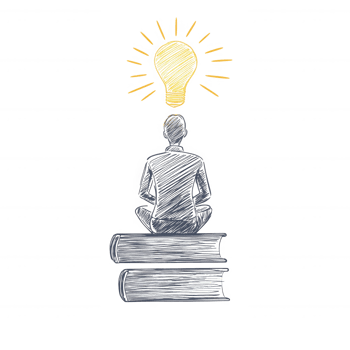 A minimalistic illustration of a person meditating on books, symbolizing knowledge and enlightenment with a light bulb shining above their head. png