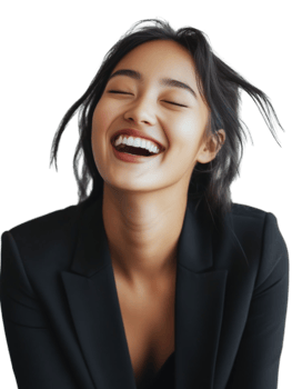 Happy Young Woman in Black Blazer Laughing with Eyes Closed Against a Transparent Background png