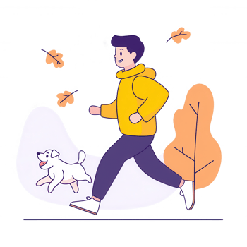 A person wearing a yellow hoodie enjoys a brisk walk with a playful dog amidst falling leaves in a vibrant autumn setting. png
