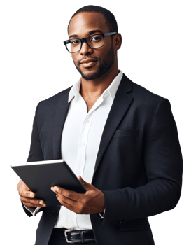 Handsome Black Man In Glasses Posing While Holding Tablet Device Against Transparent Background png