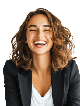 Joyful Portrait Of A Smiling Young Woman With Eyes Closed Wearing Black Suit Against Transparent Background png