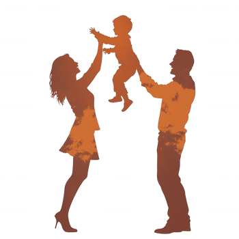 A silhouette of a happy family, a mother and father lifting their joyful child in the air against a vibrant background, symbolizing love and togetherness. png