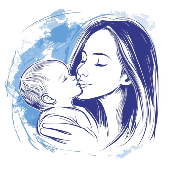 A tender moment between a mother and her baby, showcasing love and connection in an artistic illustration style against a soft, colorful background. png