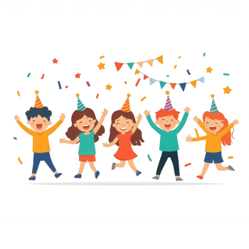 A vibrant celebration scene with joyful children dressed in colorful outfits, wearing party hats, surrounded by confetti and festive decorations. Perfect for party themes. png