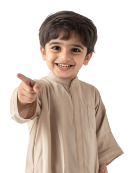 Joyful Young Boy in Traditional Attire Points Forward on Transparent Background png
