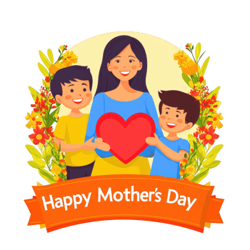 A vibrant illustration celebrating Mother's Day, featuring a mother and her two children holding a heart, surrounded by colorful flowers and a festive ribbon. png