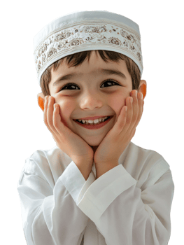 Joyful Young Boy in White Religious Attire and Hat Smiling with Hands Touching Face on Transparent Background png