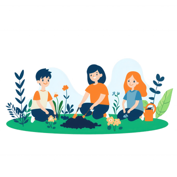A vibrant illustration of three children gardening together, planting flowers and enjoying nature in a colorful, green setting. png