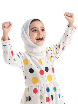 Joyful Young Girl In White Dress With Colorful Polka Dots Raises Arms In Celebration Isolated On Transparent Background png