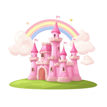 A whimsical pink castle surrounded by fluffy clouds and a vibrant rainbow, set on green grass. Perfect for fantasy-themed projects and decorative designs. png