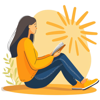 A young woman sitting peacefully, reading a book, with sun rays shining in a serene environment, featuring soft colors and a relaxed atmosphere. png