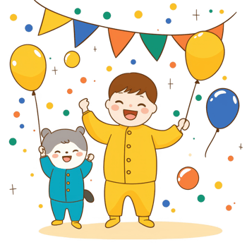 Cheerful children celebrating with balloons, surrounded by colorful decorations, joyful atmosphere, festive occasion. Perfect for illustrating happiness and childhood memories. png