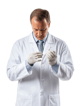 Medical Professional in White Coat Carefully Adjusting Protective Gloves with Transparent Backdrop png