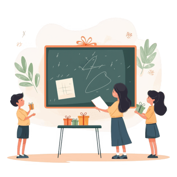 Children engaging in a classroom setting, presenting their drawings and gifts by a chalkboard, surrounded by cheerful decorations and plants. png